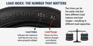 infographic showing load rang and load index numbers on tires